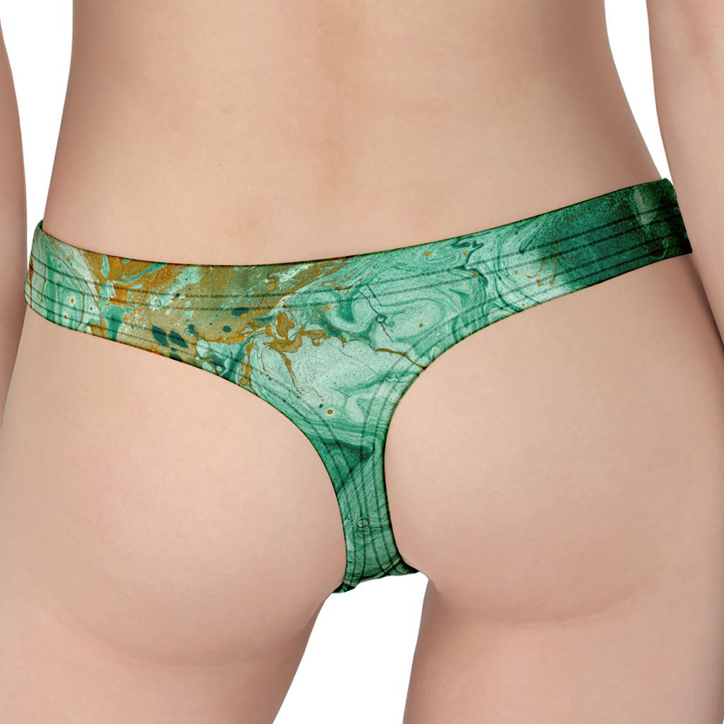 Green Gold Liquid Marble Print Women's Thong