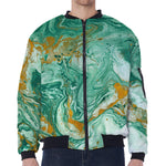 Green Gold Liquid Marble Print Zip Sleeve Bomber Jacket