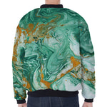 Green Gold Liquid Marble Print Zip Sleeve Bomber Jacket