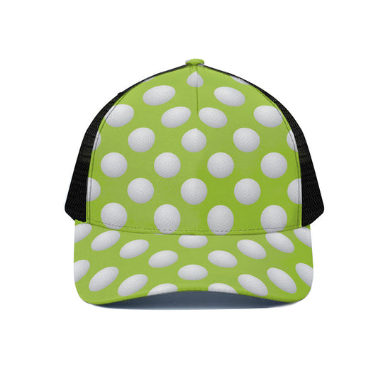 Green Golf Ball Pattern Print Black Mesh Trucker Cap