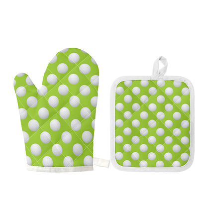 Green Golf Ball Pattern Print Oven Mitt And Pot Holder Set