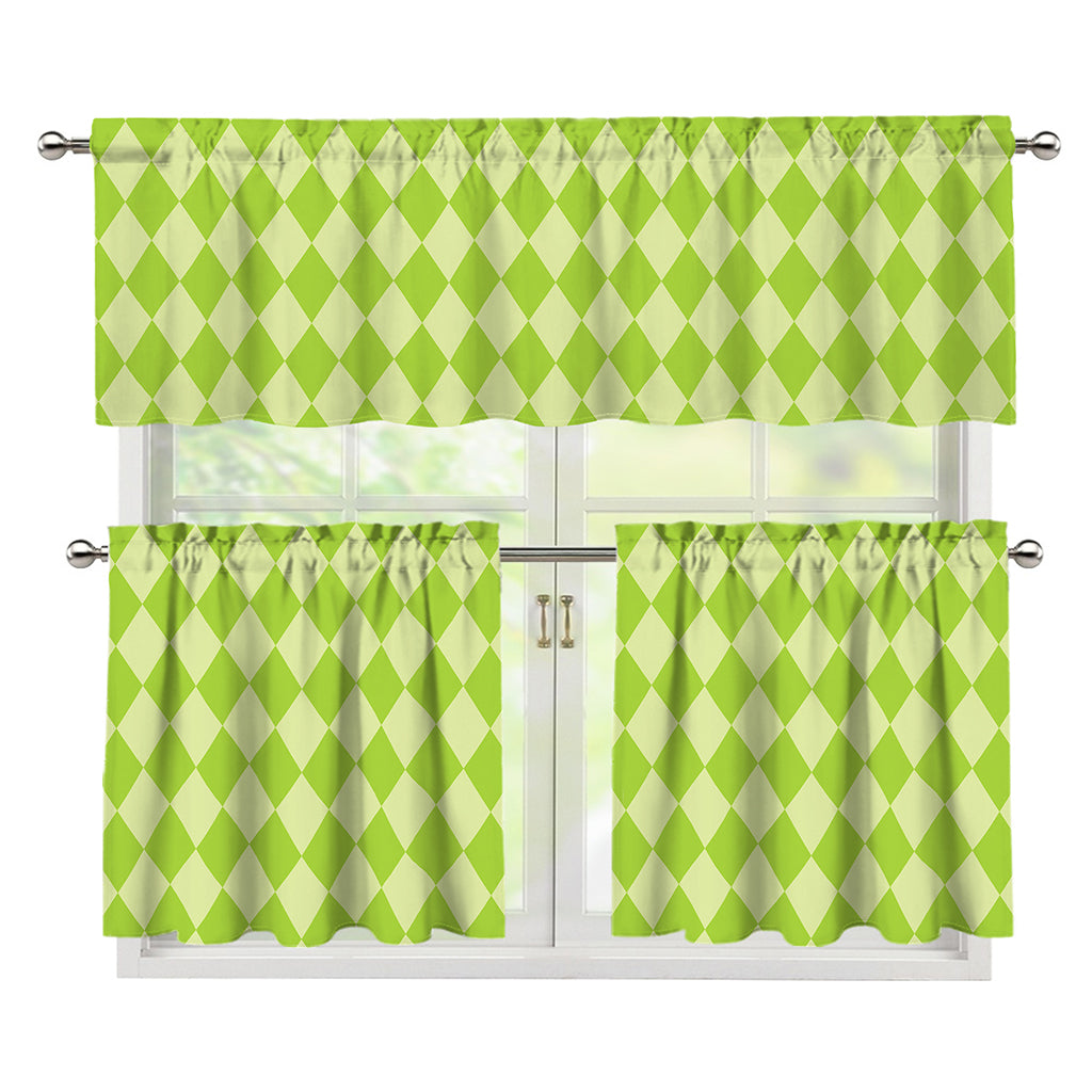 Green Harlequin Pattern Print 3 Piece Kitchen Curtains