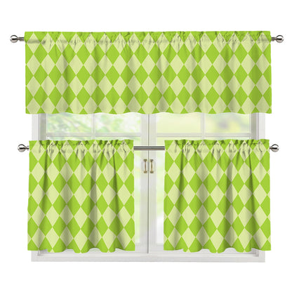 Green Harlequin Pattern Print 3 Piece Kitchen Curtains