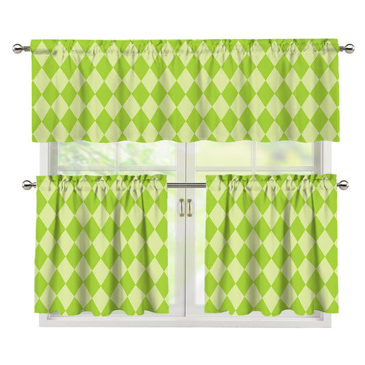 Green Harlequin Pattern Print 3 Piece Kitchen Curtains