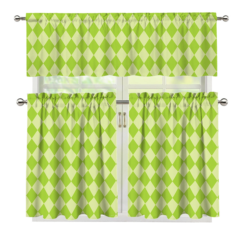 Green Harlequin Pattern Print 3 Piece Kitchen Curtains