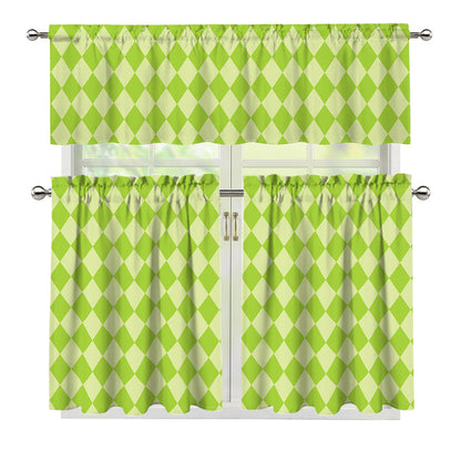 Green Harlequin Pattern Print 3 Piece Kitchen Curtains