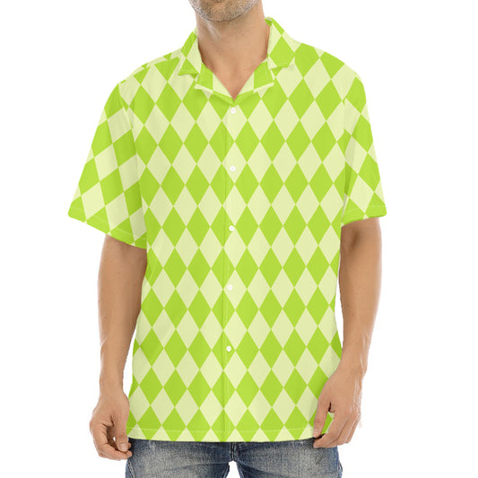 Green Harlequin Pattern Print Aloha Shirt