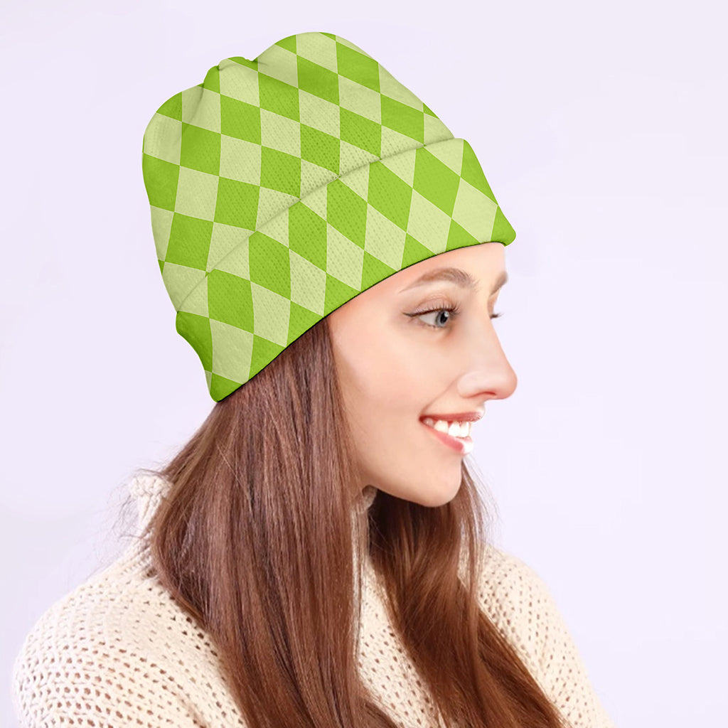 Green Harlequin Pattern Print Beanie