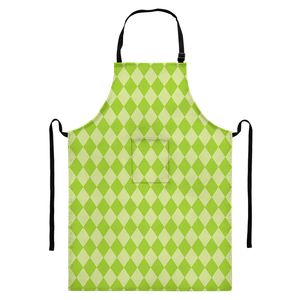 Green Harlequin Pattern Print Bib Apron With Pocket