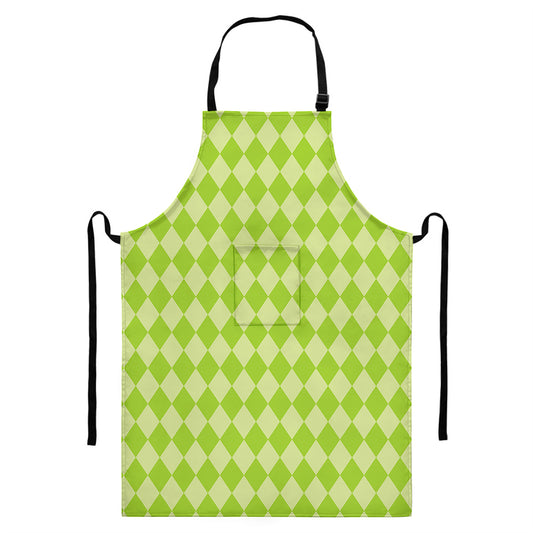 Green Harlequin Pattern Print Bib Apron With Pocket