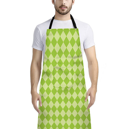 Green Harlequin Pattern Print Bib Apron With Pocket
