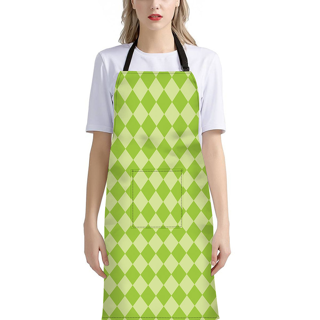 Green Harlequin Pattern Print Bib Apron With Pocket