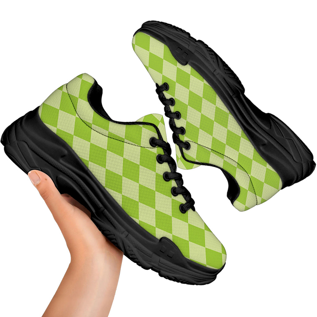 Green Harlequin Pattern Print Black Chunky Shoes