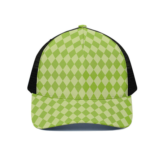 Green Harlequin Pattern Print Black Mesh Trucker Cap