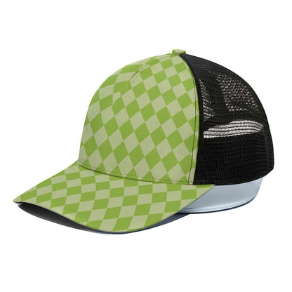 Green Harlequin Pattern Print Black Mesh Trucker Cap