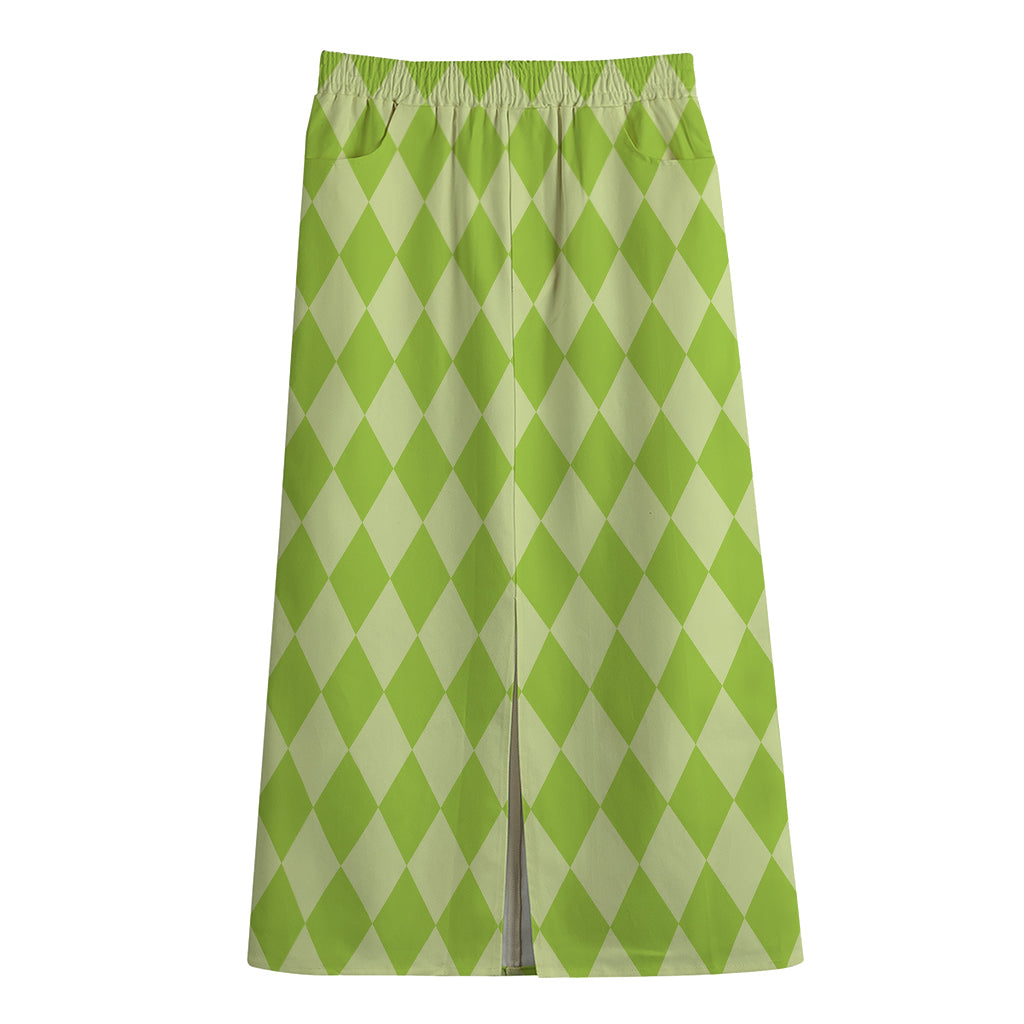Green Harlequin Pattern Print Cotton Front Slit Maxi Skirt