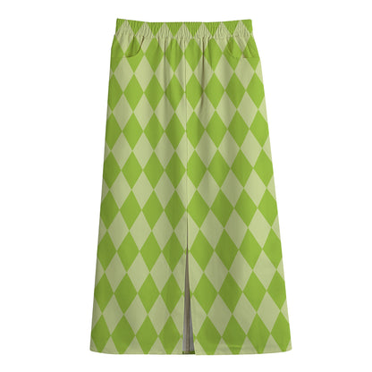 Green Harlequin Pattern Print Cotton Front Slit Maxi Skirt