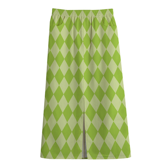 Green Harlequin Pattern Print Cotton Front Slit Maxi Skirt