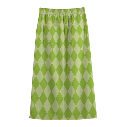Green Harlequin Pattern Print Cotton Front Slit Maxi Skirt