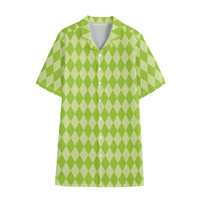 Green Harlequin Pattern Print Cotton Hawaiian Shirt