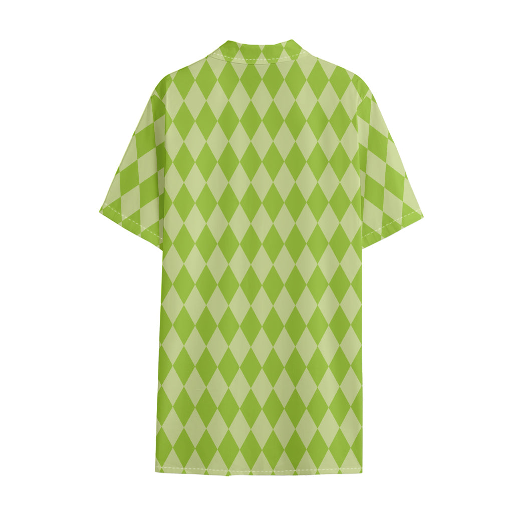 Green Harlequin Pattern Print Cotton Hawaiian Shirt