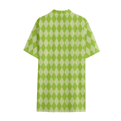 Green Harlequin Pattern Print Cotton Hawaiian Shirt