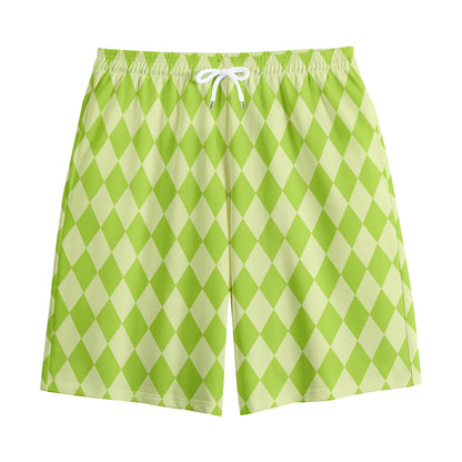 Green Harlequin Pattern Print Cotton Shorts