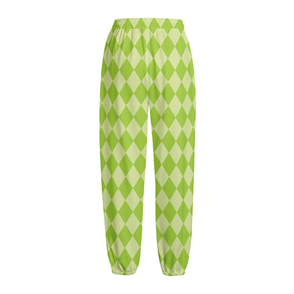 Green Harlequin Pattern Print Fleece Lined Knit Pants