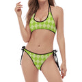 Green Harlequin Pattern Print Halter Scoop Tie Side Bikini