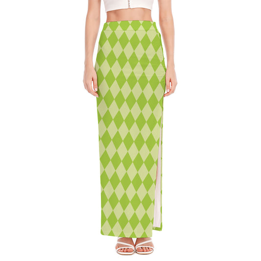 Green Harlequin Pattern Print High Slit Maxi Skirt