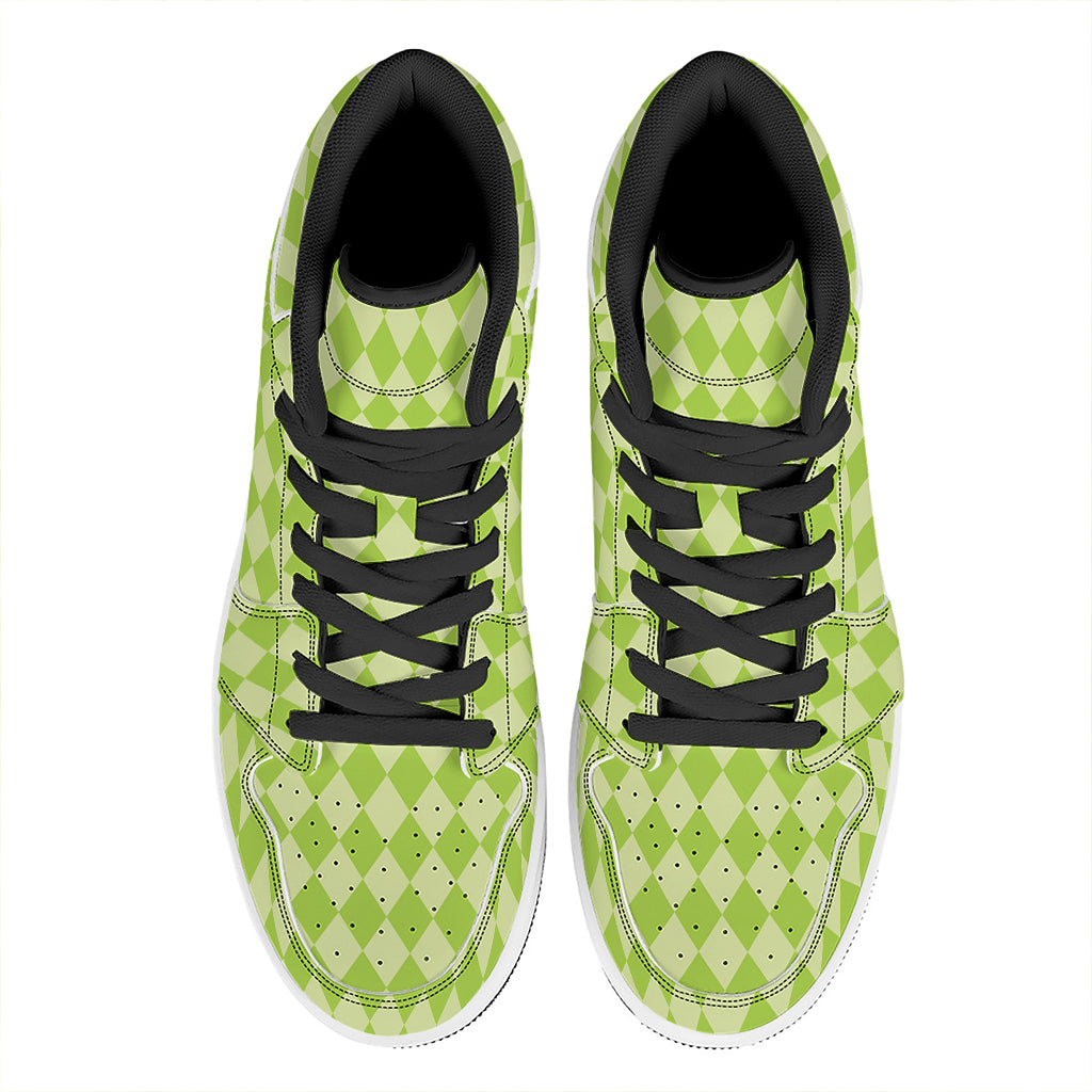 Green Harlequin Pattern Print High Top Leather Sneakers