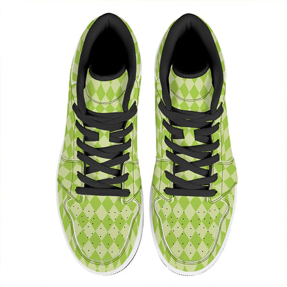 Green Harlequin Pattern Print High Top Leather Sneakers