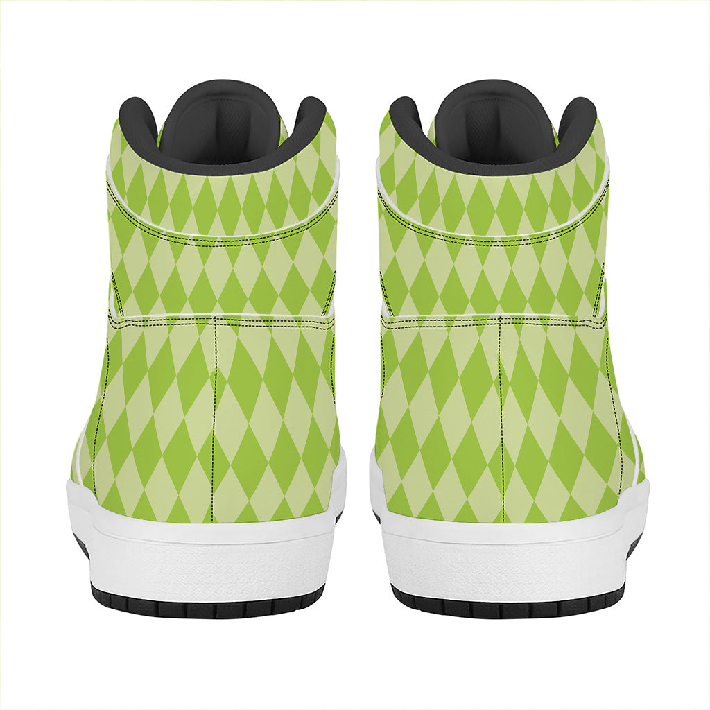 Green Harlequin Pattern Print High Top Leather Sneakers