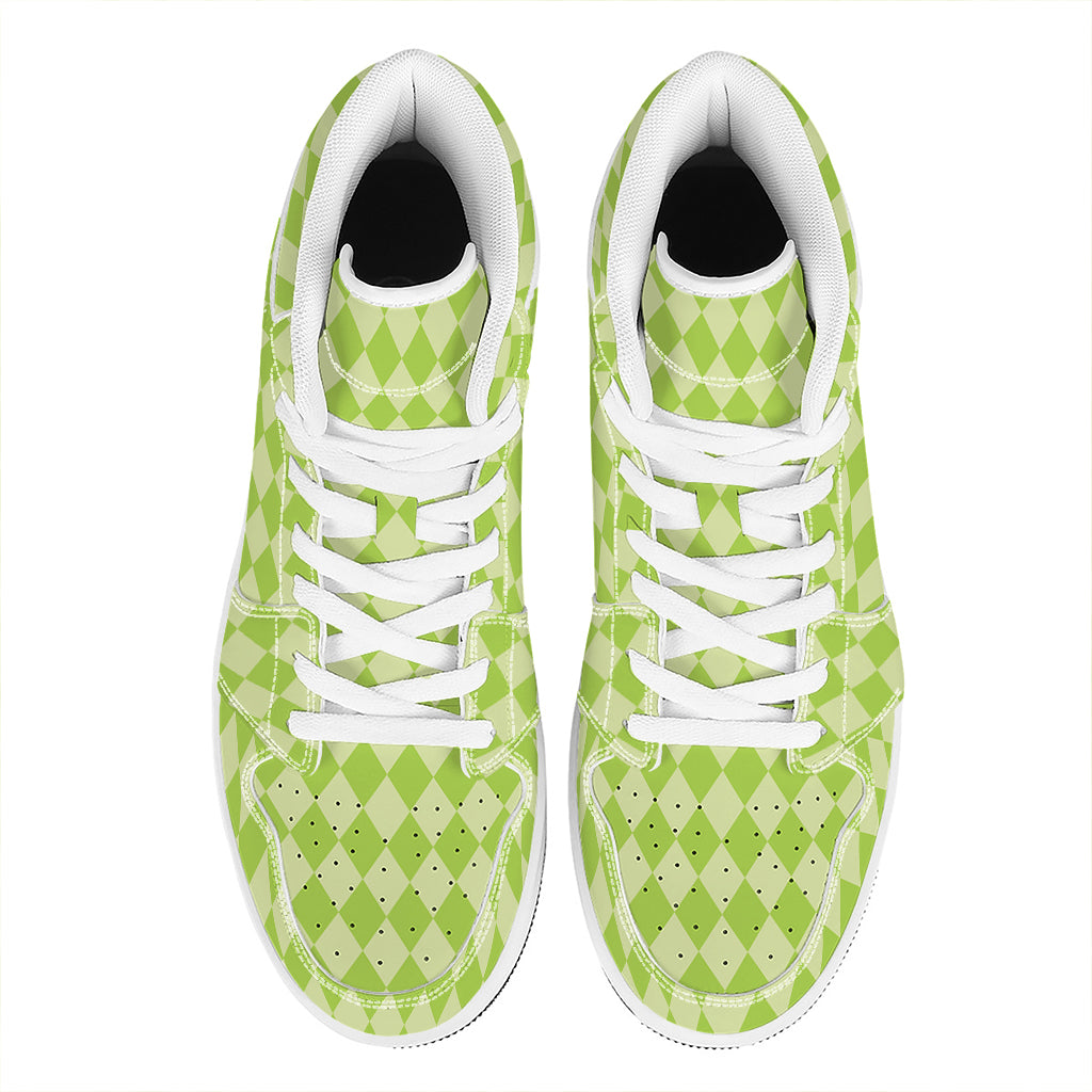 Green Harlequin Pattern Print High Top Leather Sneakers
