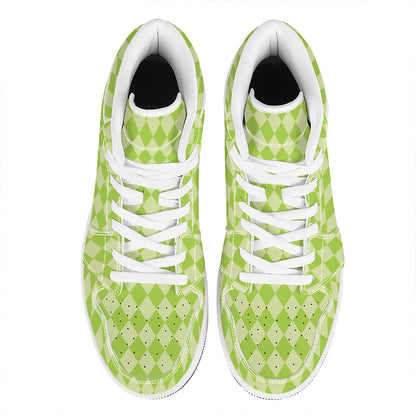 Green Harlequin Pattern Print High Top Leather Sneakers