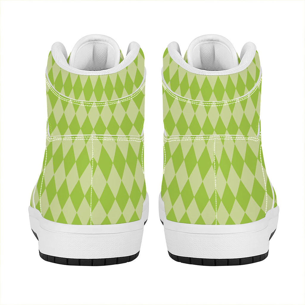 Green Harlequin Pattern Print High Top Leather Sneakers