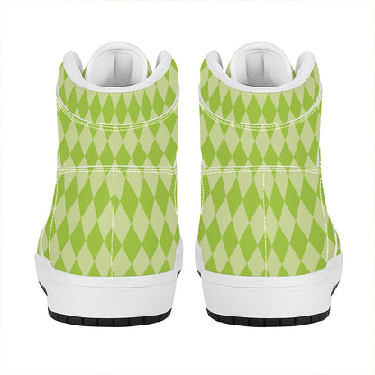 Green Harlequin Pattern Print High Top Leather Sneakers