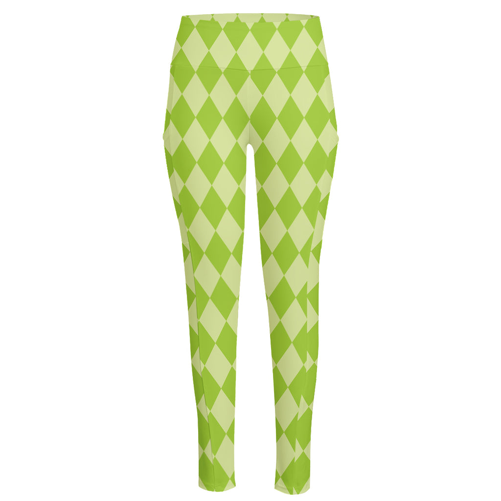 Green Harlequin Pattern Print High-Waisted Pocket Leggings