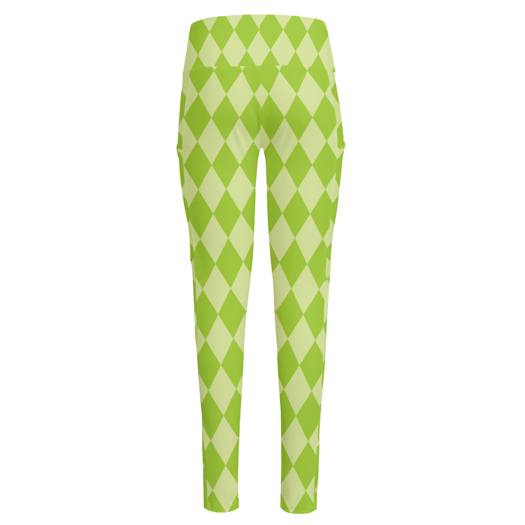 Green Harlequin Pattern Print High-Waisted Pocket Leggings