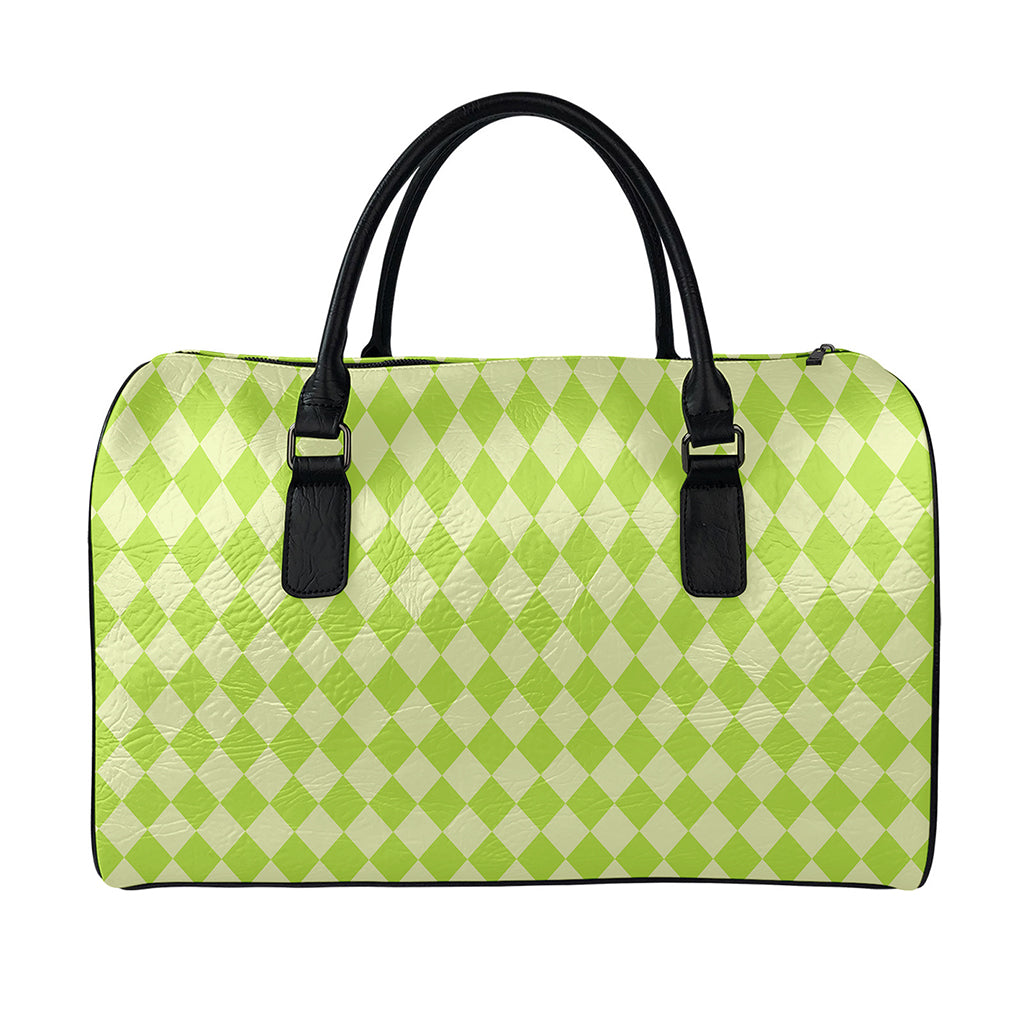 Green Harlequin Pattern Print Leather Duffle Bag