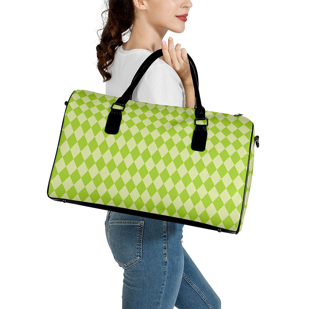 Green Harlequin Pattern Print Leather Duffle Bag