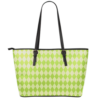 Green Harlequin Pattern Print Leather Tote Bag
