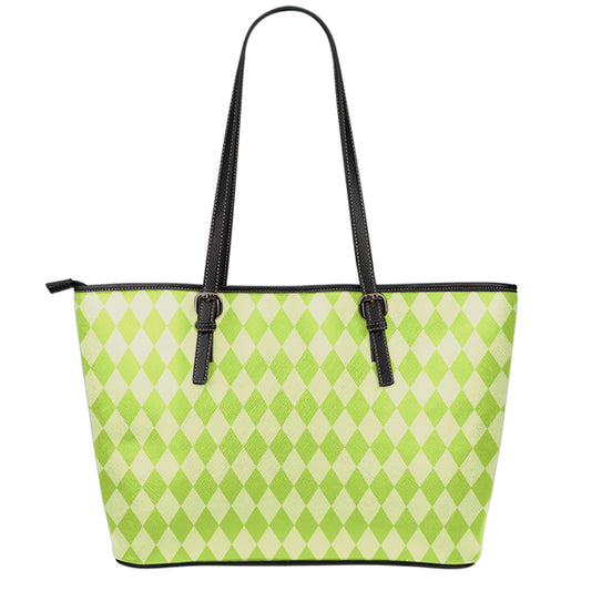 Green Harlequin Pattern Print Leather Tote Bag