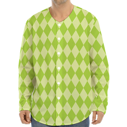 Green Harlequin Pattern Print Long Sleeve Baseball Jersey