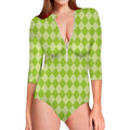 Green Harlequin Pattern Print Long Sleeve Swimsuit