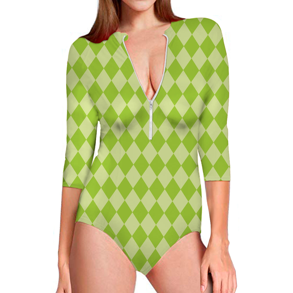 Green Harlequin Pattern Print Long Sleeve Swimsuit