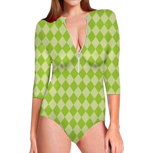 Green Harlequin Pattern Print Long Sleeve Swimsuit