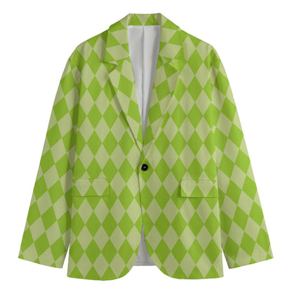 Green Harlequin Pattern Print Men's Cotton Blazer