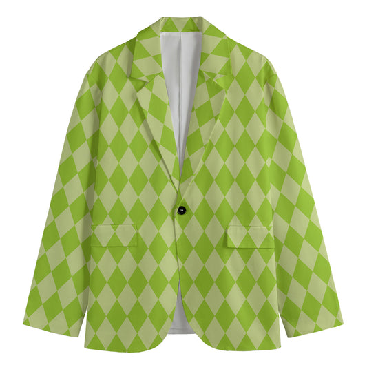 Green Harlequin Pattern Print Men's Cotton Blazer