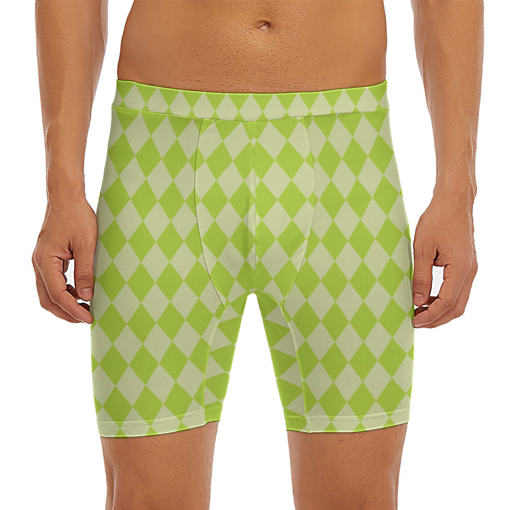 Green Harlequin Pattern Print Men's Long Boxer Briefs